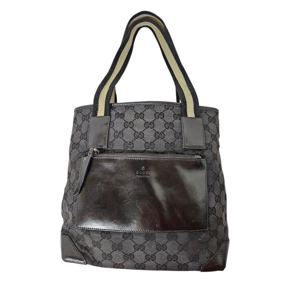 Gucci GG Monogram Tote Bag Black Tan Nylon Leather Accents